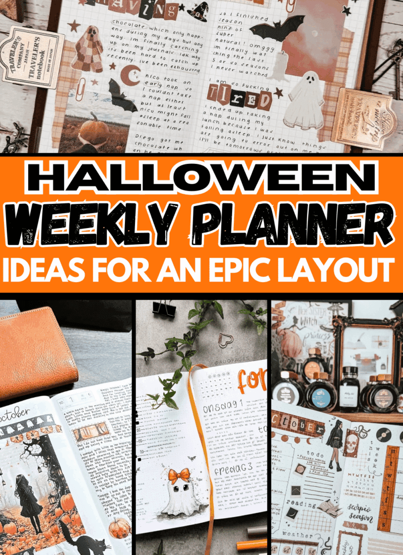 Pinterest pin graphic showing a warm orange title band over a grid-style collage of cozy journal spreads with ghosts, bats, and October layouts; headline reads “HALLOWEEN WEEKLY PLANNER IDEAS FOR AN EPIC LAYOUT”; website strip along the bottom; featured by slowestuff.com.