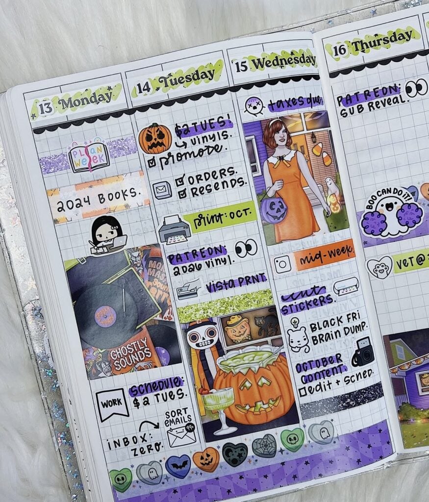 Colorful Halloween weekly planner spread with purple and green stickers