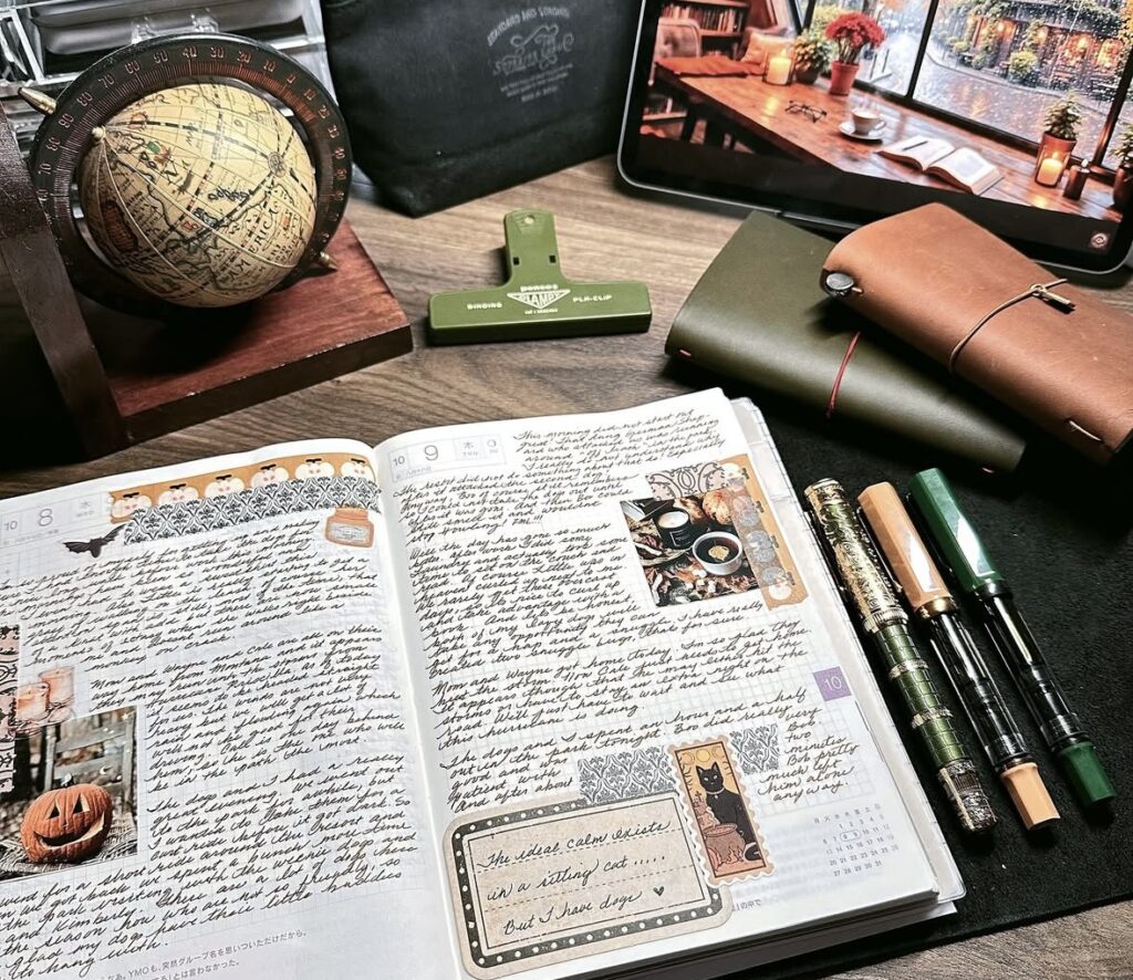 Cozy Hobonichi Halloween weekly spread with pumpkin and black cat stickers