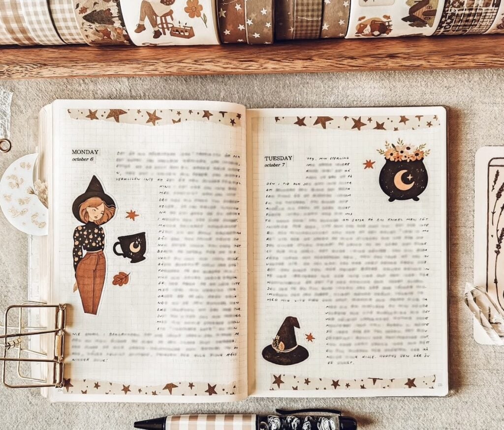 Cozy witch bullet journal weekly spread with washi, stars, and cauldron art