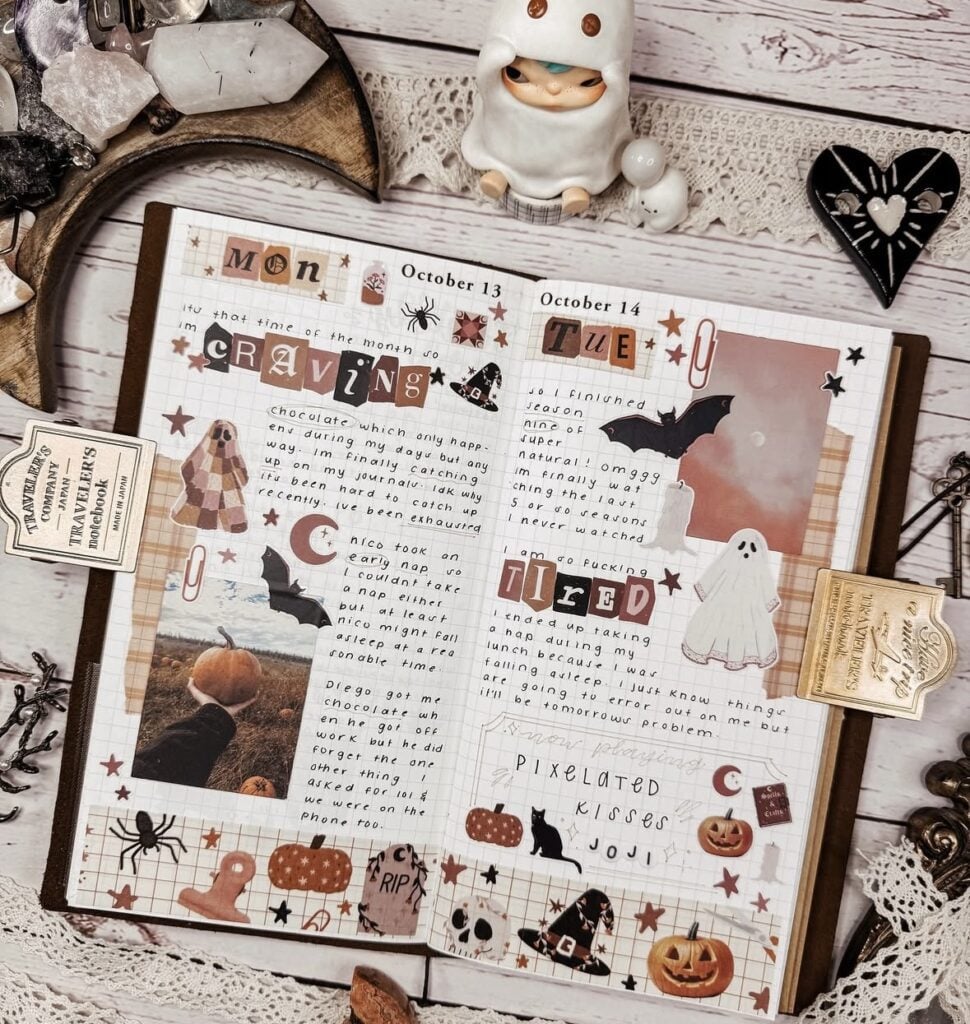 Cute ghost Halloween bullet journal weekly spread with bats and pumpkins