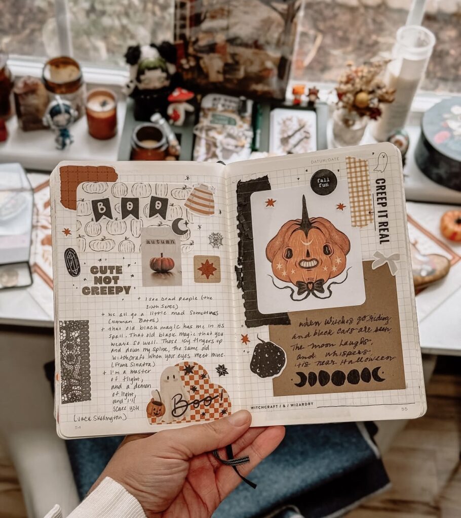 Pumpkin collage junk journal spread in a cute not creepy Halloween style