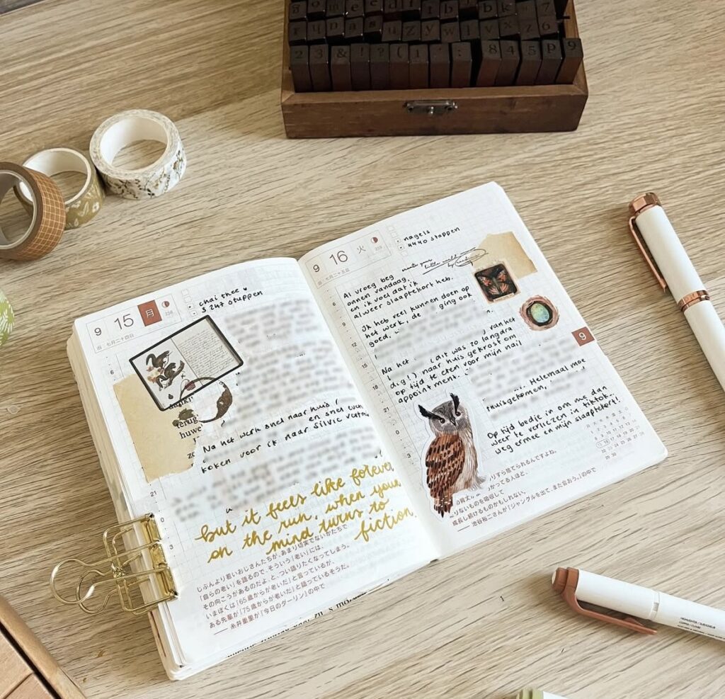 Minimal fall Hobonichi weekly spread with owl washi tape and clean grid