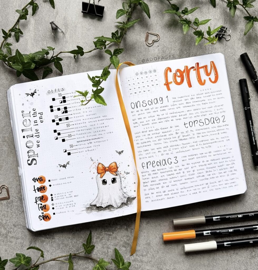 Ghost bow Halloween bullet journal weekly spread with mini habit tracker