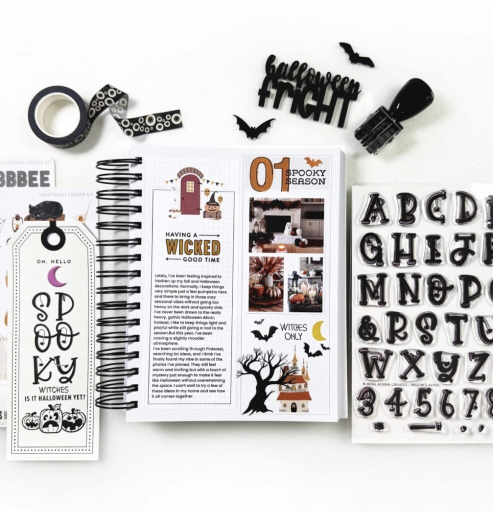 Spooky season bullet journal page ideas with notebook layout and doodles