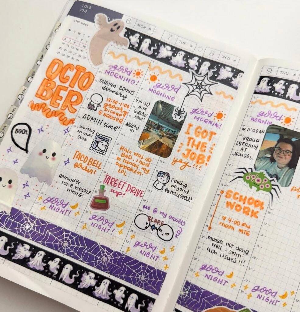 Halloween bullet journal weekly spread with purple and orange ghost stickers