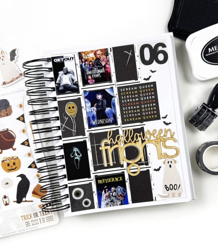 Halloween movie night planner spread with Scream, Beetlejuice, and Wednesday motifs