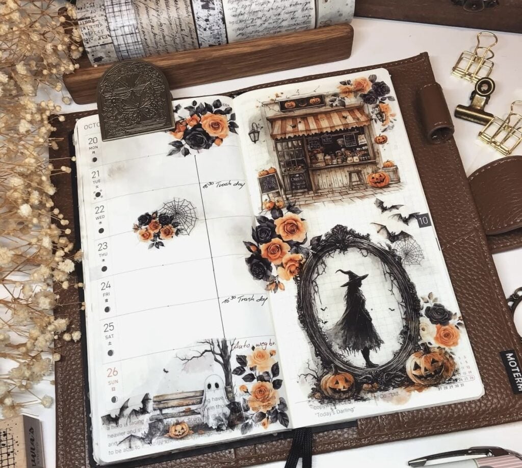 Witch themed weekly planner spread with vintage pumpkins, bats, and stickers