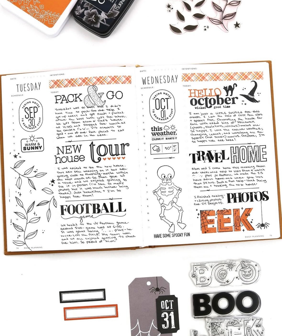 Minimalist Halloween weekly bullet journal spread with stamps and skeleton accents