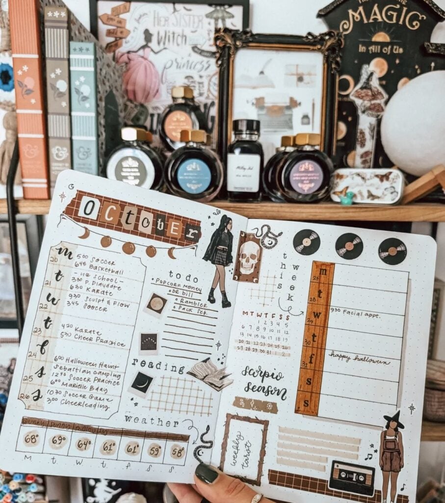October Halloween bullet journal weekly planner with witchy theme for Scorpio season