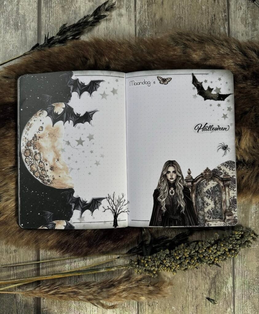 October weekly journal with moon and witchy vibes with bats