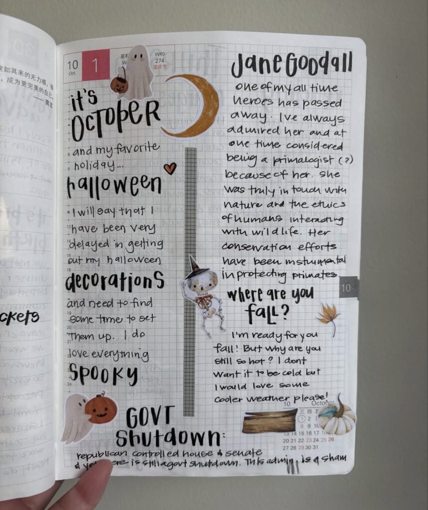 Simple Halloween weekly planner spread with ghost and skeleton stickers