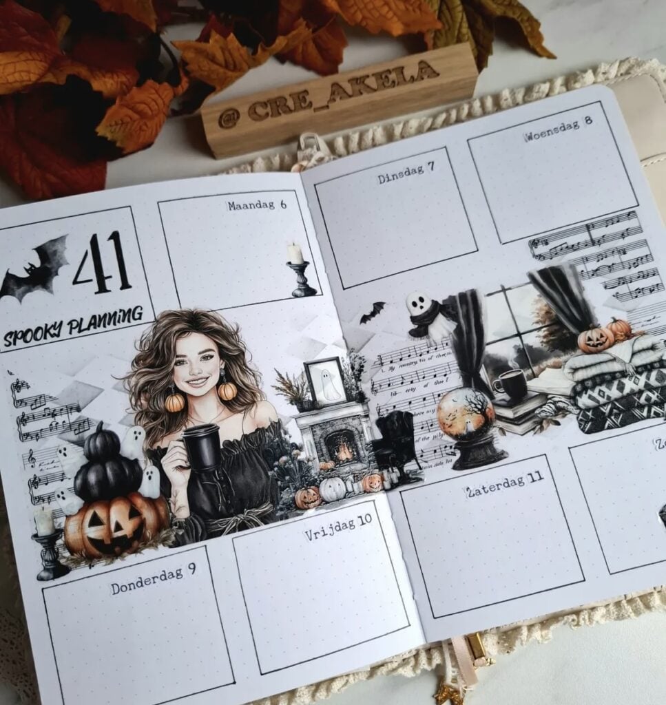 Black and white cozy Halloween weekly spread with pumpkins and simple boxes