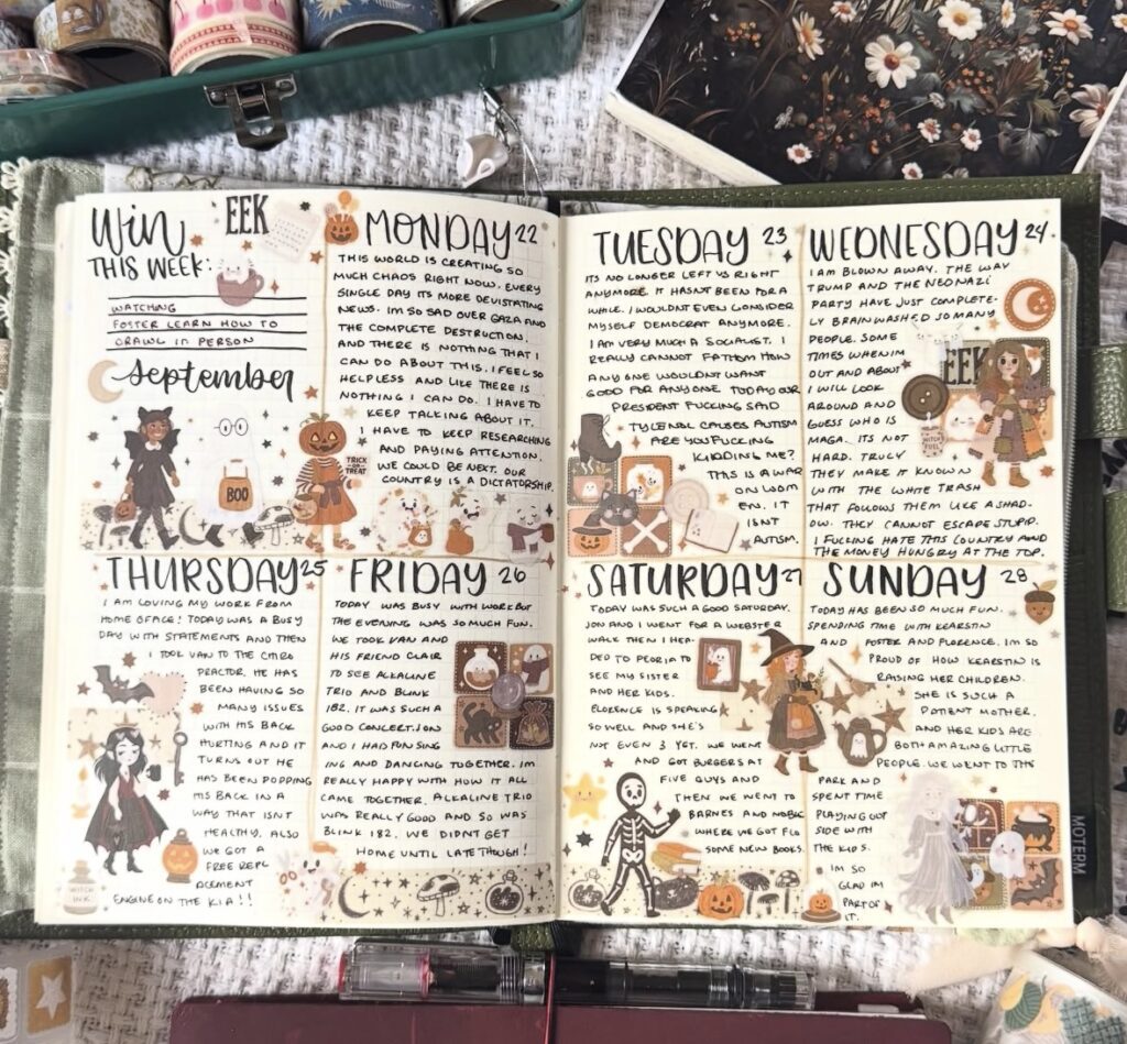 Vintage Halloween weekly planner layout with sepia ephemera and washi tape