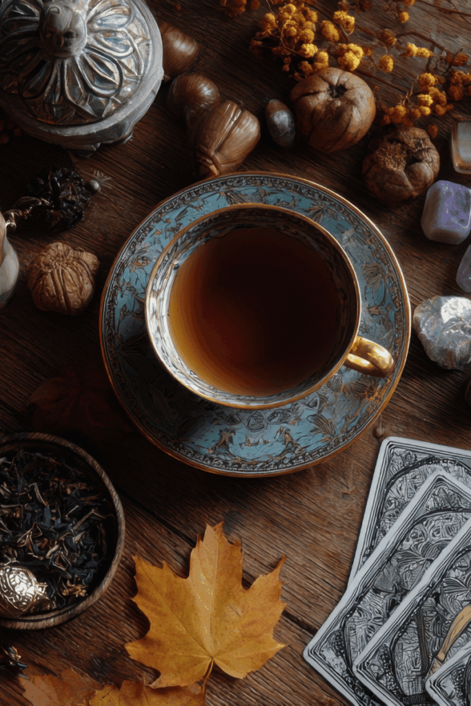 Moody picture of a cup of tea with saucer, tarot cards, and fall/winter foliage