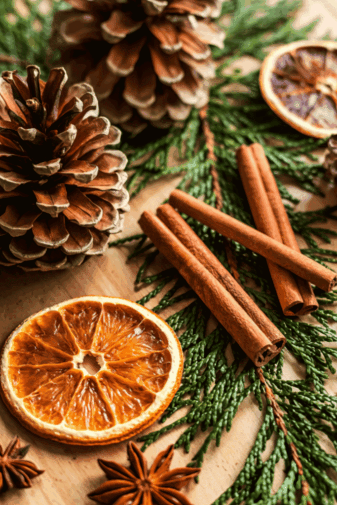 close up image of evergreens, pine cones, cinnamon sticks and dried oranges for winter solstice