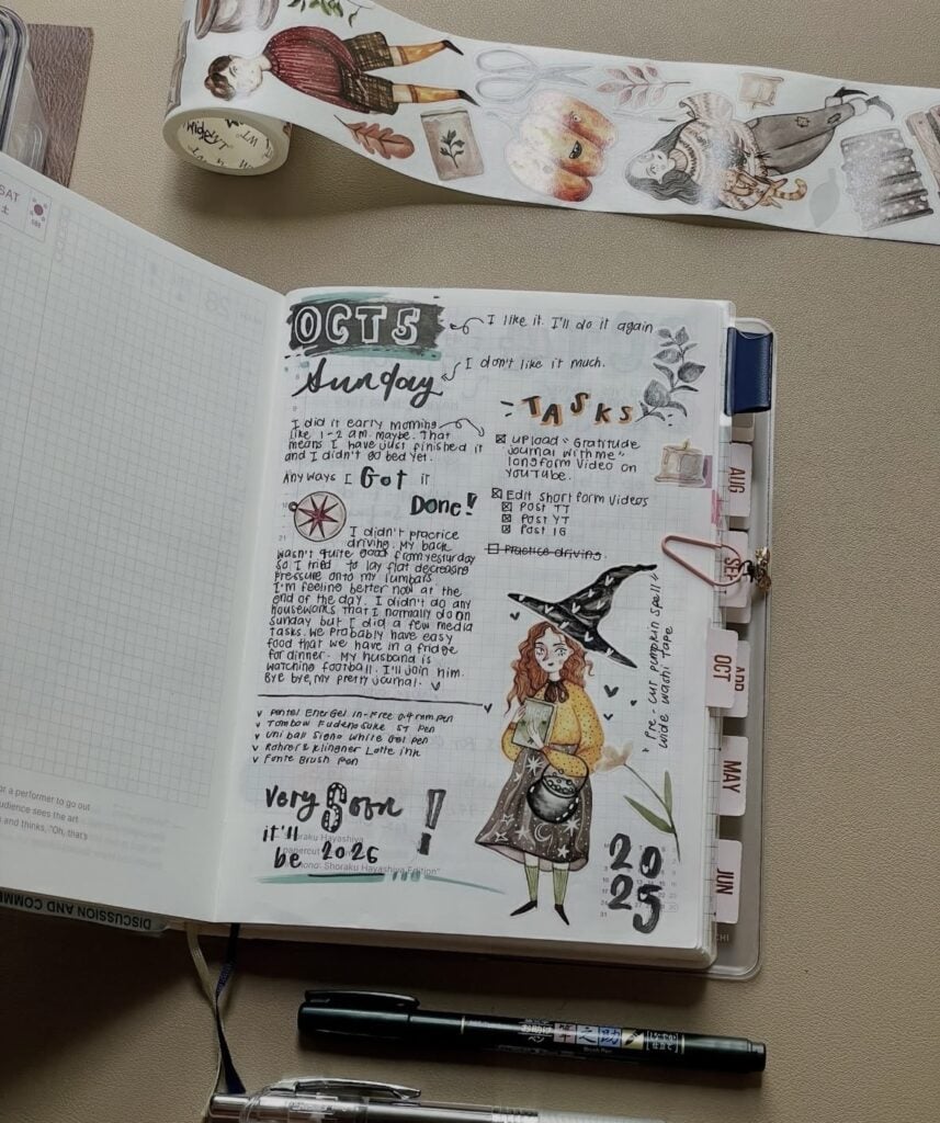 Witchy autumn weekly planner spread with October tasks and sticker clusters