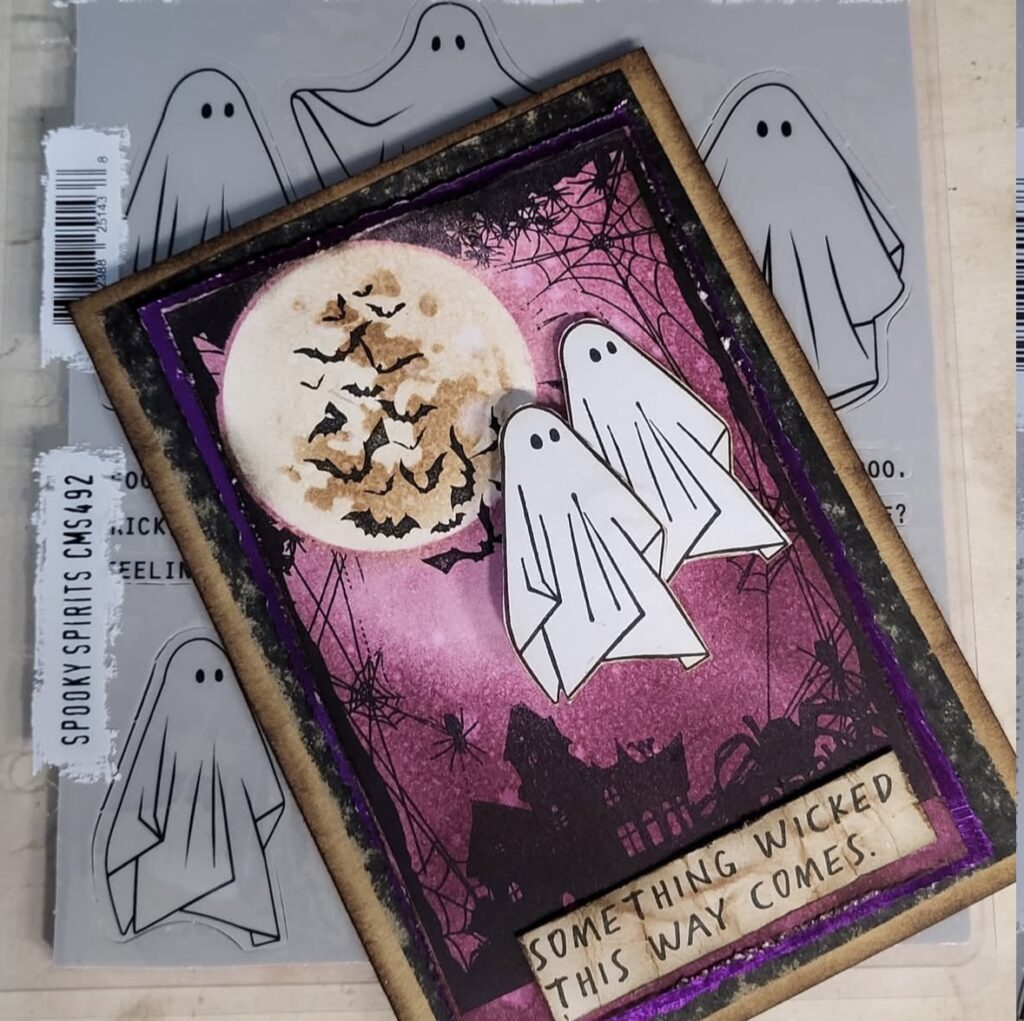 Cute ghost journaling card with pastel stars and stitched edges, ready to tuck behind photos.