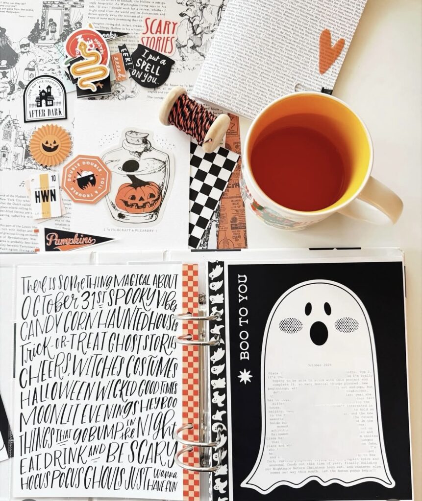 October journaling page with tiny ghosts, moon phases, and space for notes.