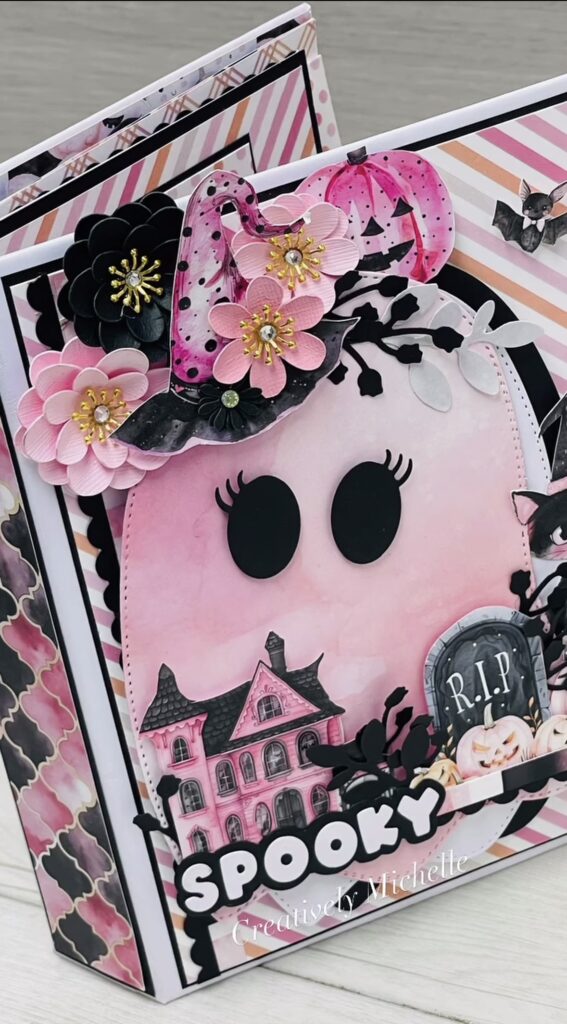 Pink aesthetic ghost layout with hearts, pastel ephemera, and “Spooky Cute” caption.