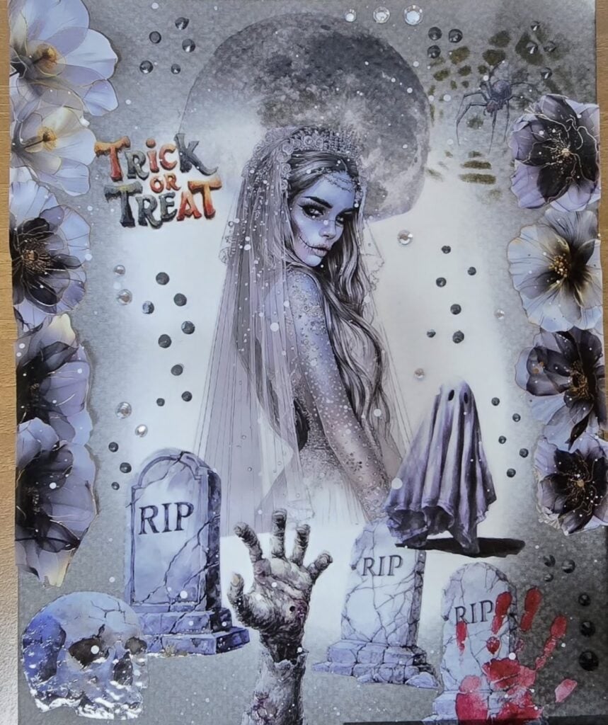 Corpse Bride–inspired junk journal layout with blue tones, veil details, and romantic florals.