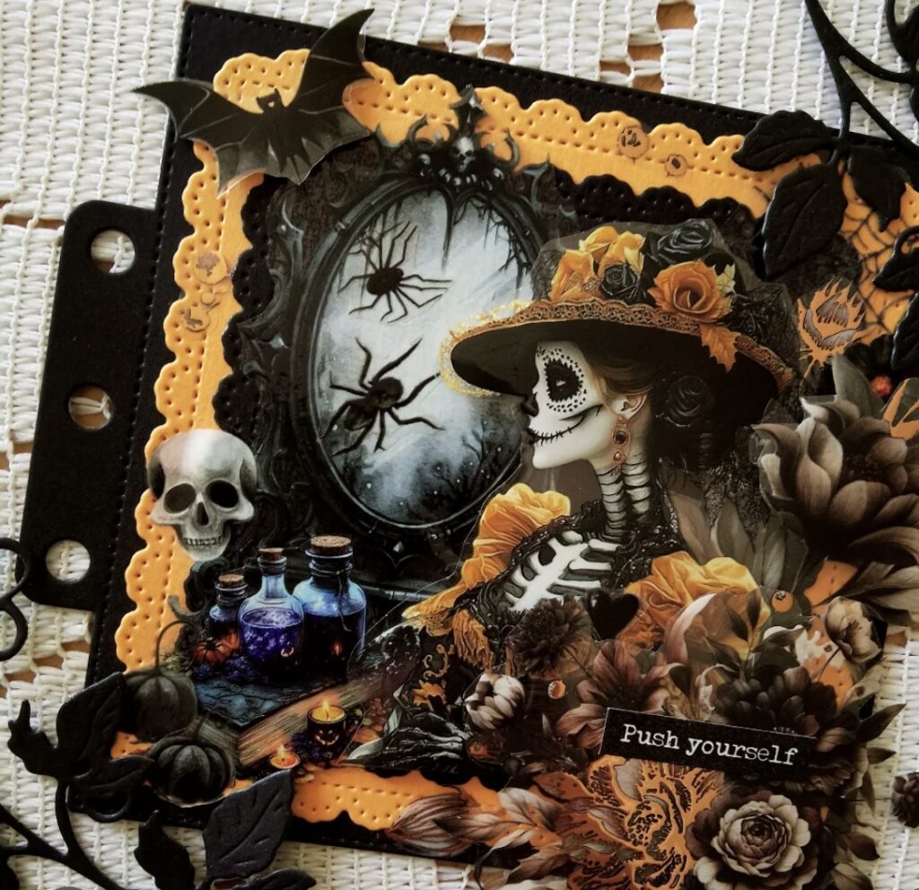 Day of the Dead inspired spread with skeleton skull focal, marigold florals, and bright trims.