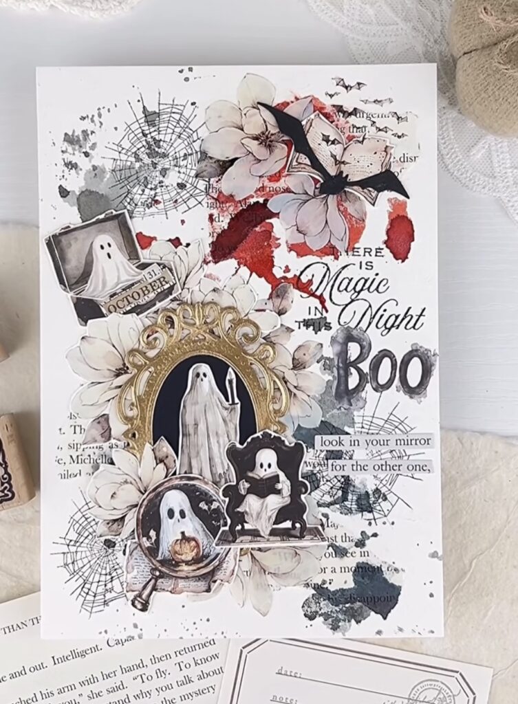 “BOO” title page with chunky letters, smiling ghosts, and orange accents on polka dots.