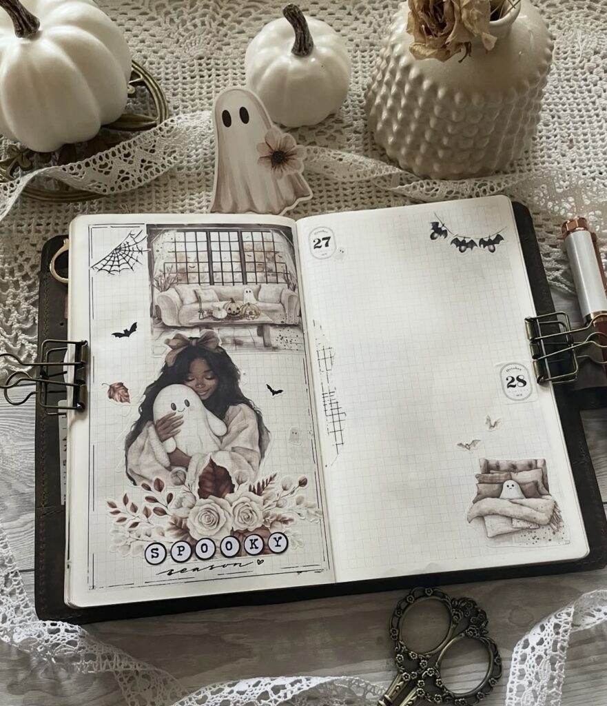 Cozy bullet journal spread with ghost doodles, checklist boxes, and soft neutral stickers.