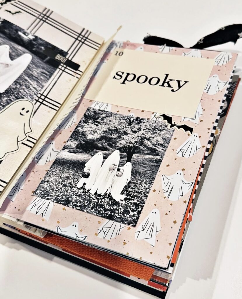 Two-page spread with floating ghosts, vintage tickets, and layered frames in black and cream.