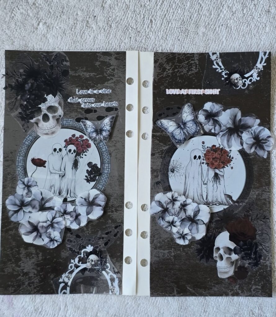 Two-page journal featuring friendly ghosts, tickets, and flip-ups for hidden journaling.