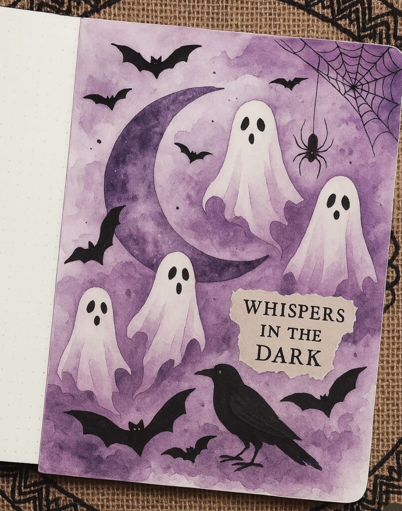 Purple-themed layout with translucent ghosts, stars, and ribbon tabs on dark background.