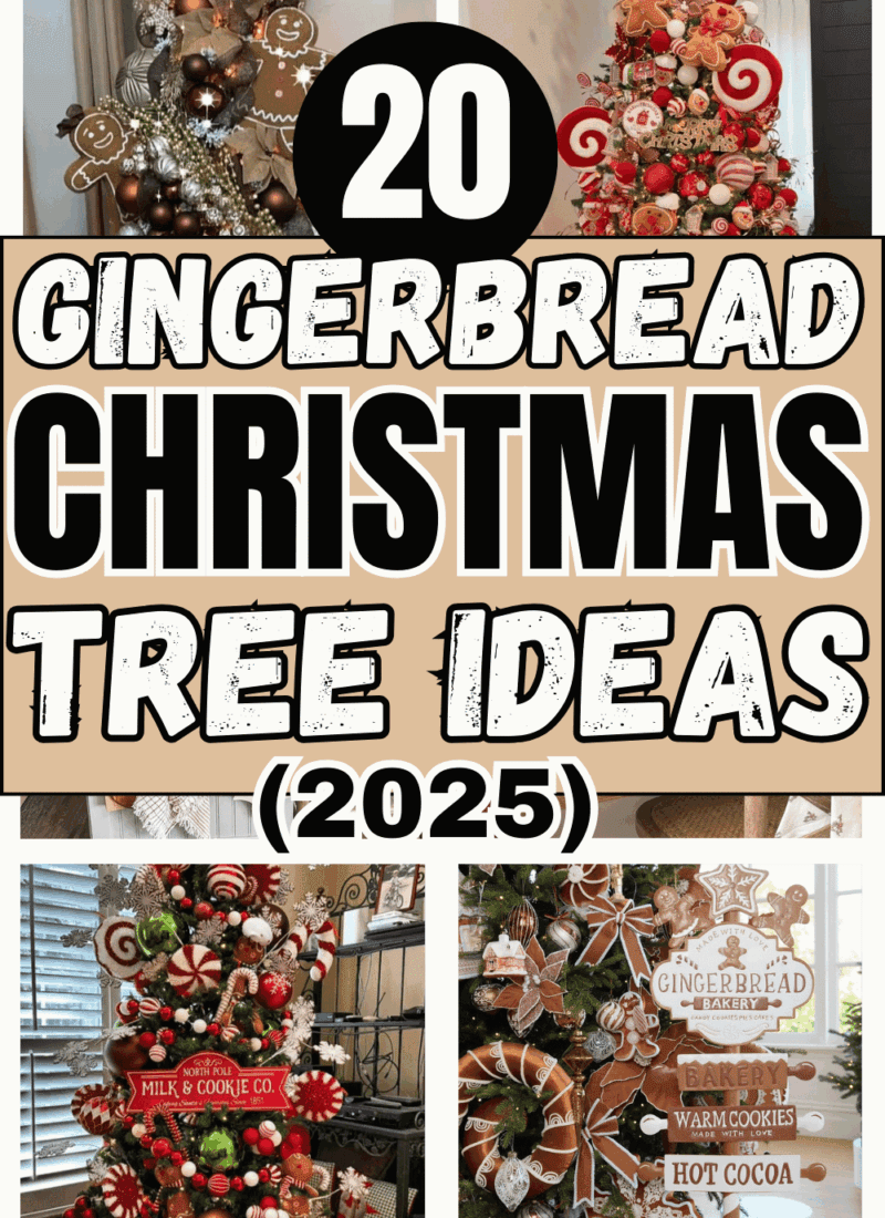 Pinterest graphic of a Collage of multiple gingerbread Christmas trees with cookie ornaments and bakery style decor, overlaid with tan block text that reads “20 Gingerbread Christmas Tree Ideas (2025).
