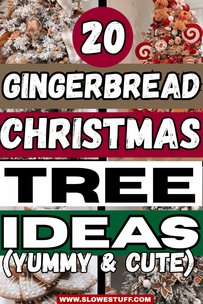 Pinterest collage graphic graphic with frosted gingerbread Christmas trees and stacked text strips that say “20 Gingerbread Christmas Tree Ideas (Yummy & Cute)” in red, brown, white, and green bands