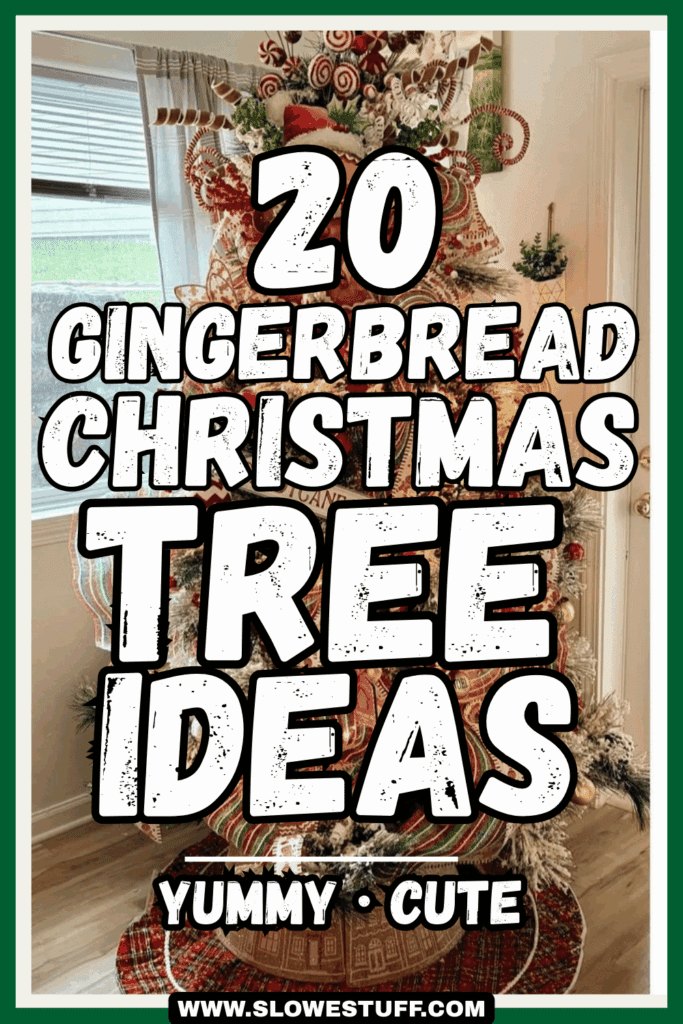 Tall gingerbread Christmas tree covered in red and white candy ornaments with bold text that reads “20 Gingerbread Christmas Tree Ideas – Yummy · Cute.”
