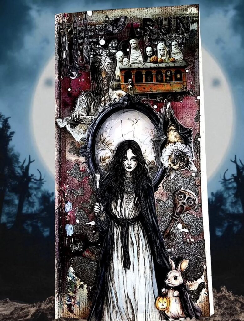 Goth girl photo with moths, roses, and black enamel accents on distressed paper.