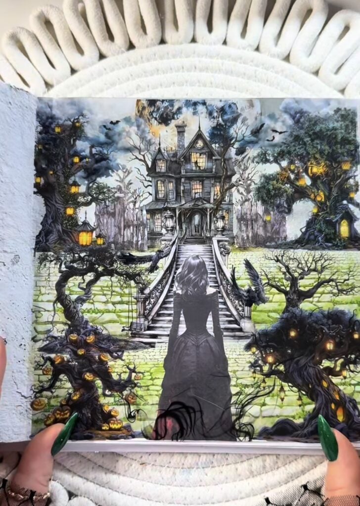 Gothic castle and witch scene with star map, lunar wheel, and layered map paper.