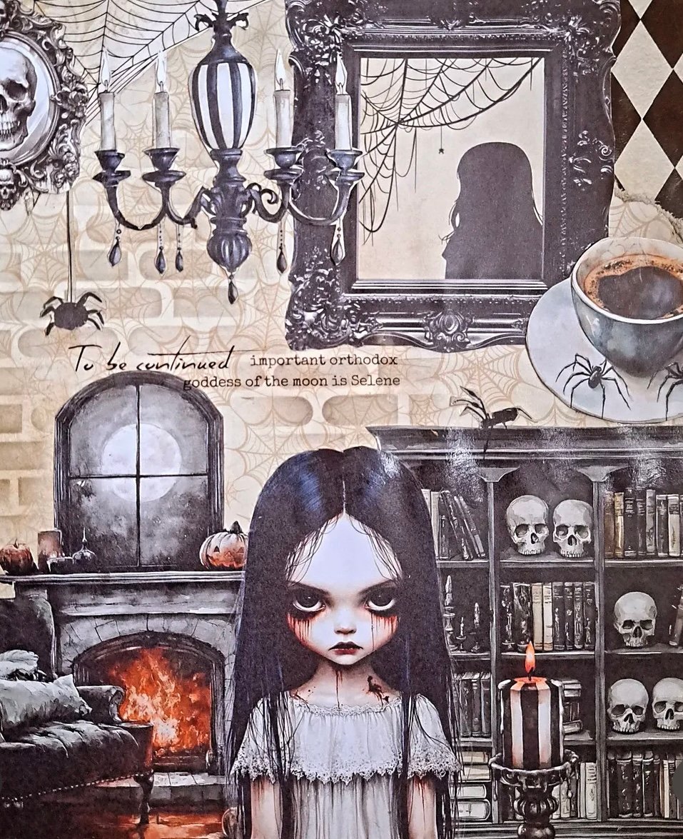 Gothic library scrapbook page with chandelier, creepy doll portrait, skulls, and stacked vintage books with a gothic creepy girl