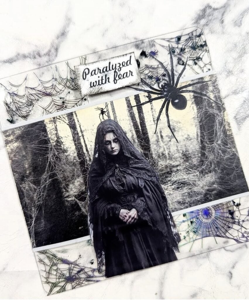 Gothic girl focal photo with layered florals, moth, and stitched ephemera on dark background