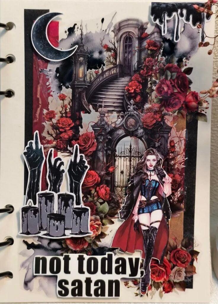 Not Today, Satan’ Gothic page with bold title, black textures, and vintage collage bits.