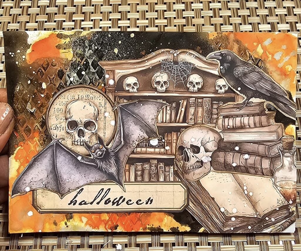 Gothic collage featuring skulls, raven, bat, old library ephemera, and layered book pages