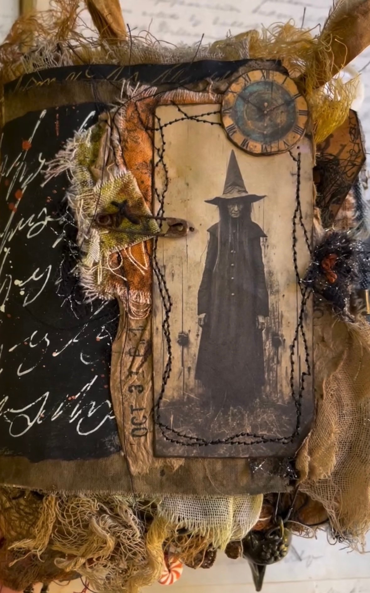 Witch portrait with eerie lighting, layered vellum and lace, and moody Gothic background