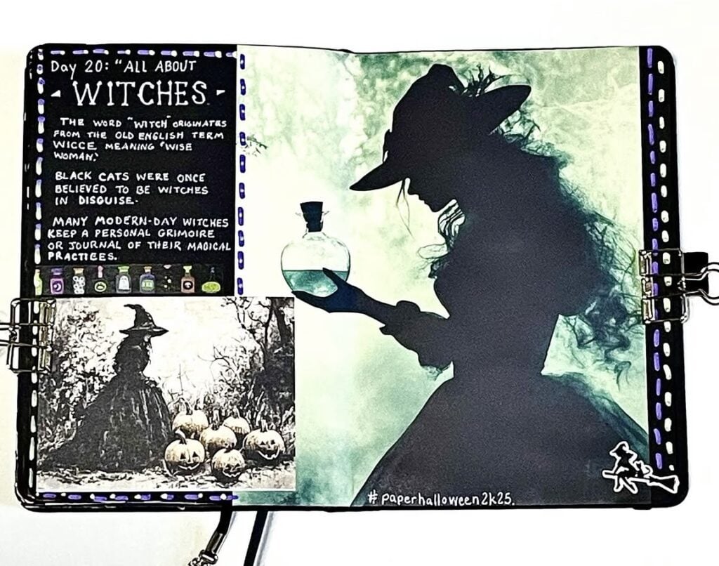 Gothic scrapbook layout with witch silhouette, grimoire lesson notes, crescent moon, and inky edges