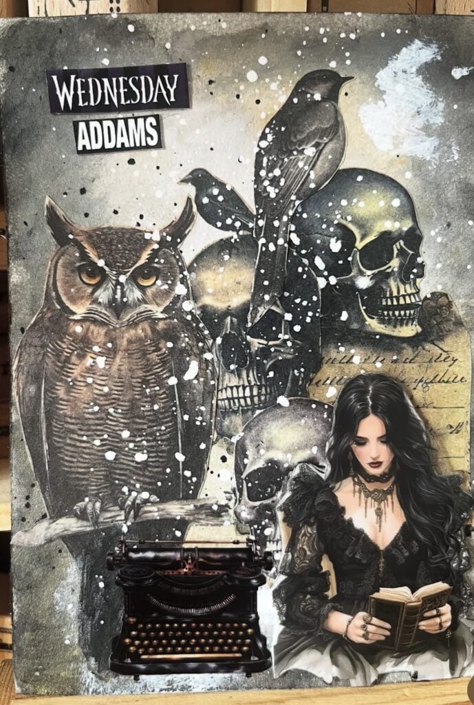 Gothic junk journal spread with torn vellum, postage scraps, and wax-sealed label.