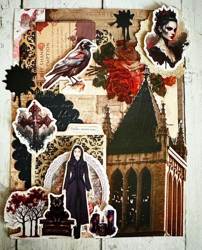 Mayhem Crafters Gothic junk journal layout with vampire theme, stitched edges, and oxblood accents.