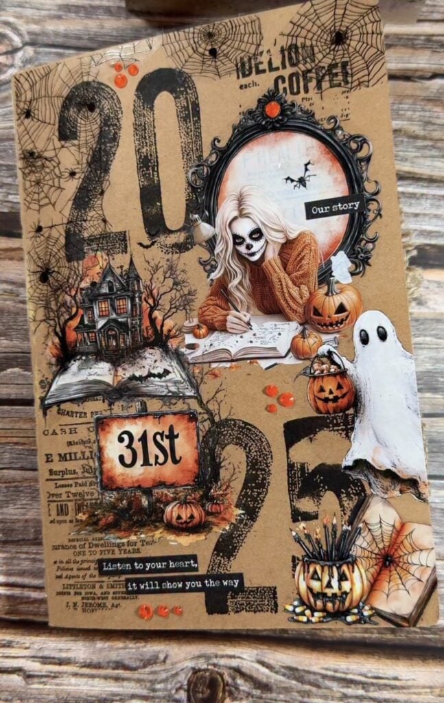 Haunted library layout with ghostly readers, stacked books, and smoky ink blending.