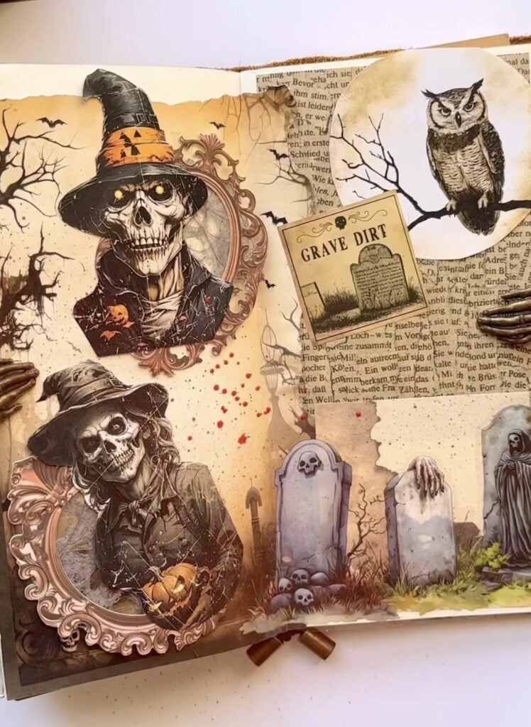 Spooky layered page with skull cameo, black lace ribbon, and stitched borders.