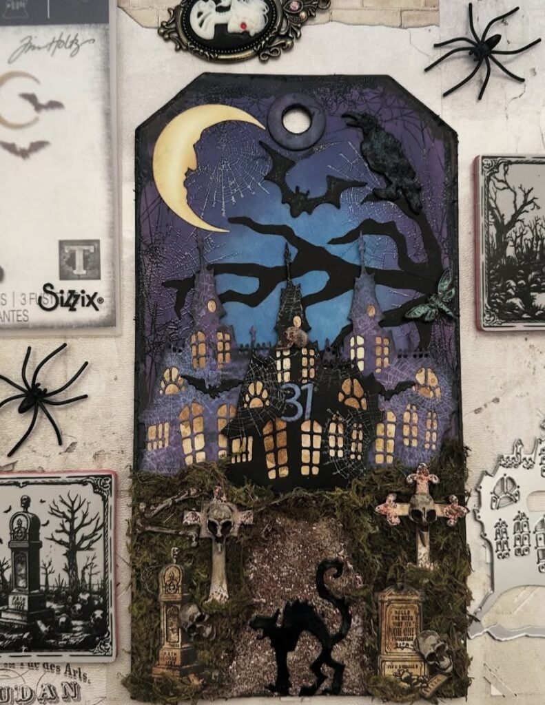 Tall Gothic tag with lace, wax seal, moth, and crackled paint texture.