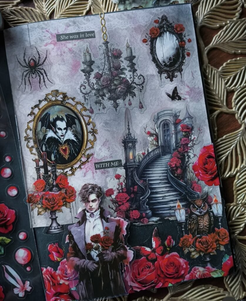 Vampire romance page with lipstick mark, roses, and antique gold frame.