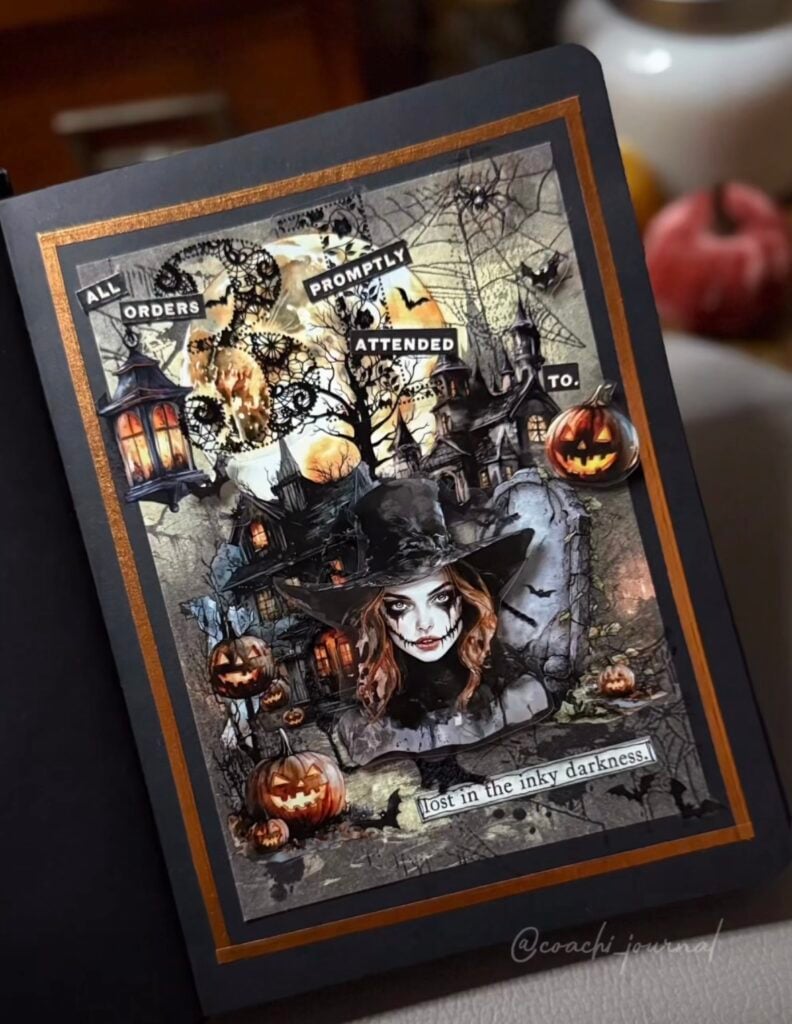 Gothic Halloween scrapbook layout with a witch portrait, haunted house, jack-o’-lanterns, spider webs, bats, and lanterns on a dark mixed-media journal page.