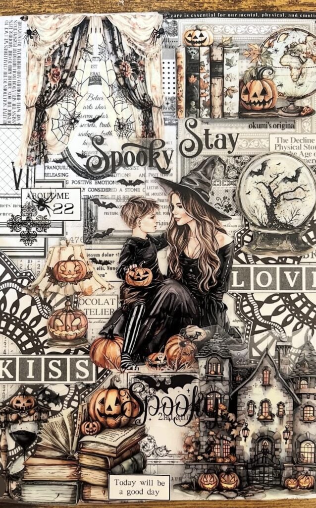 Moody Halloween junk journal collage with layered tickets, vintage papers, lace, and stamped ephemera for scrapbook layout ideas